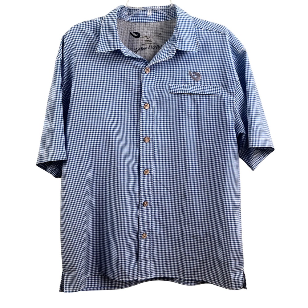 Mojo Blue Gingham‎ Check Short Sleeve Fishing Performance Shirt Vented Medium
